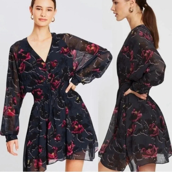 ALLSAINTS Nichola Rosalyn Dress S Black Floral Chiffon Smock Waist Gray $260 - Picture 1 of 12
